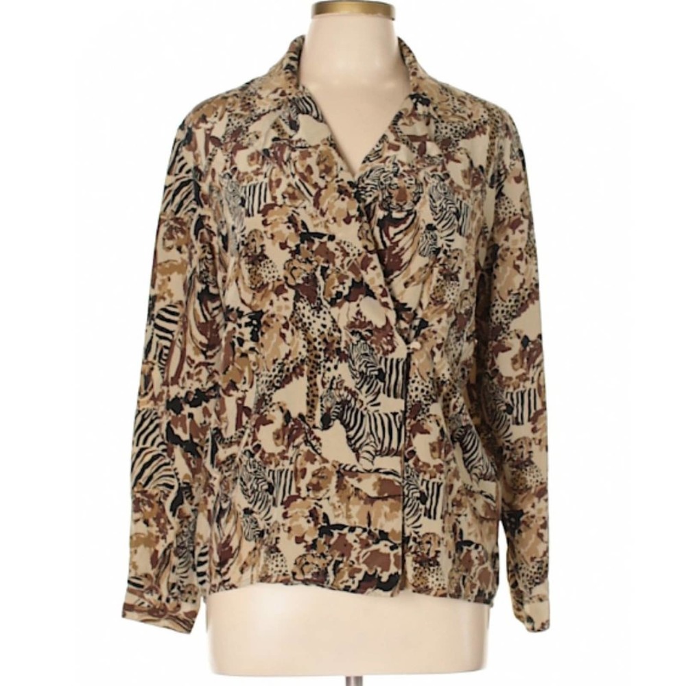 ❤️‍ Vintage 80s Doncaster Silk Animal Print Blouse Novelty Safari Top - 12